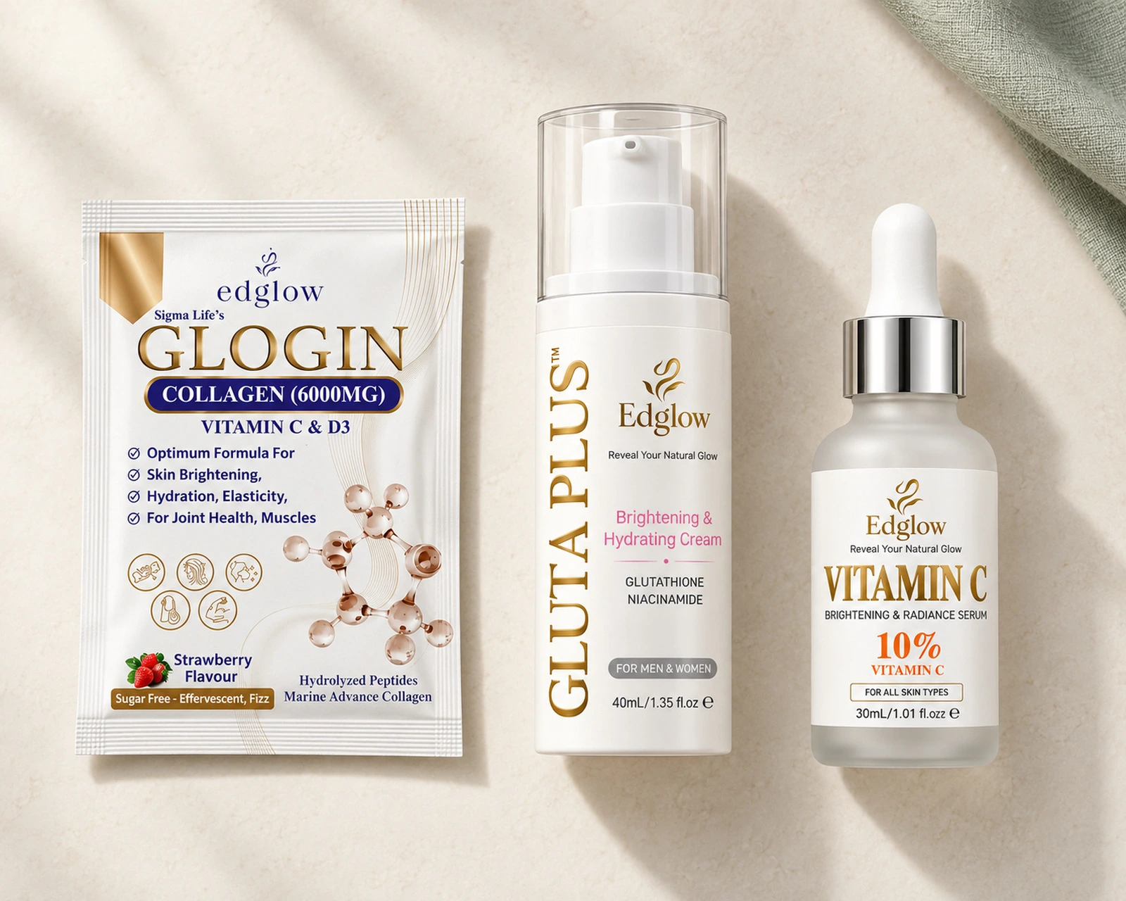 EDGLOW product formats and skincare packaging