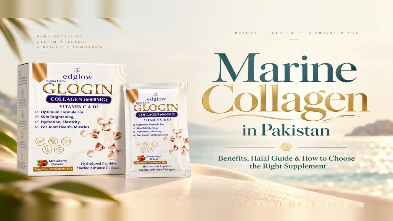 Edglow GLOGIN marine collagen 6000mg box and sachet on a beach beside the words Marine Collagen in Pakistan: Benefits, Halal Guide and How to Choose the Right Supplement