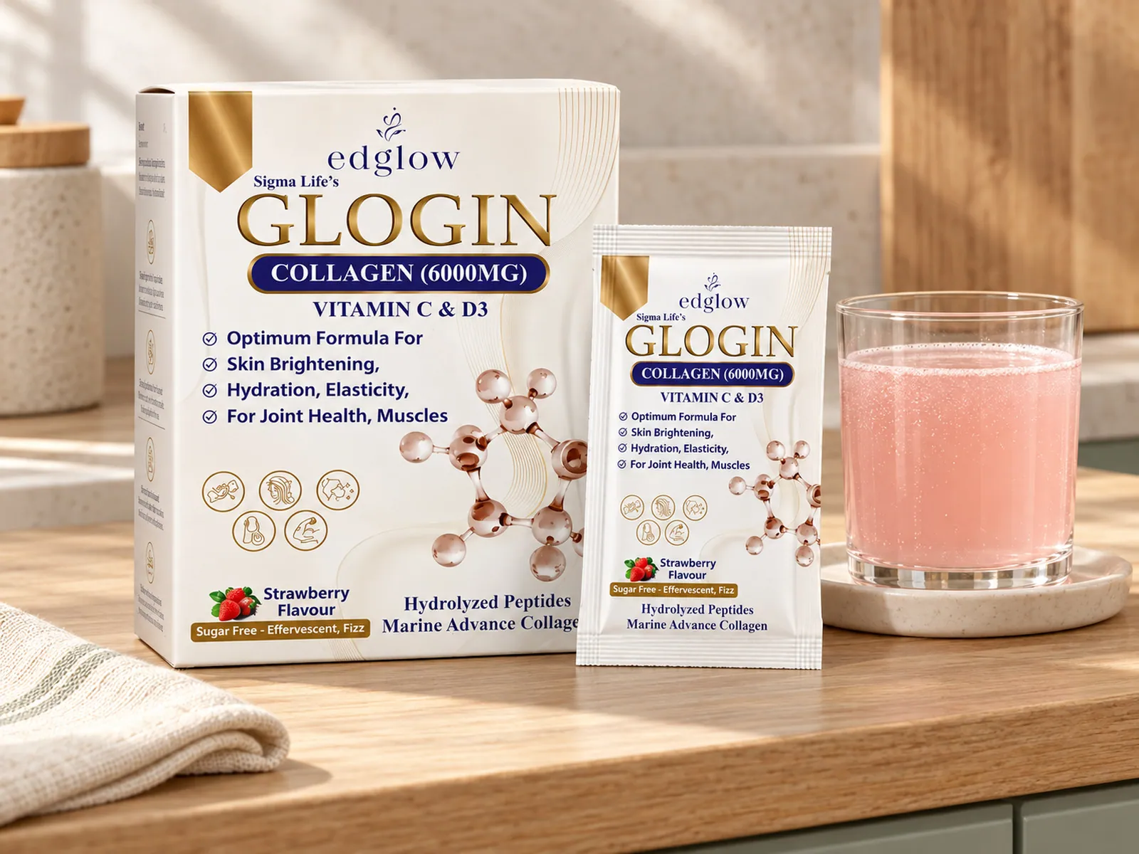 EDGLOW Glogin Collagen sachets photographed at home with a strawberry drink