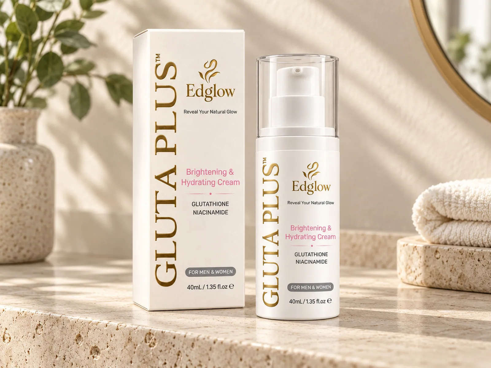 EDGLOW Gluta Plus cream photographed at home on a bathroom counter