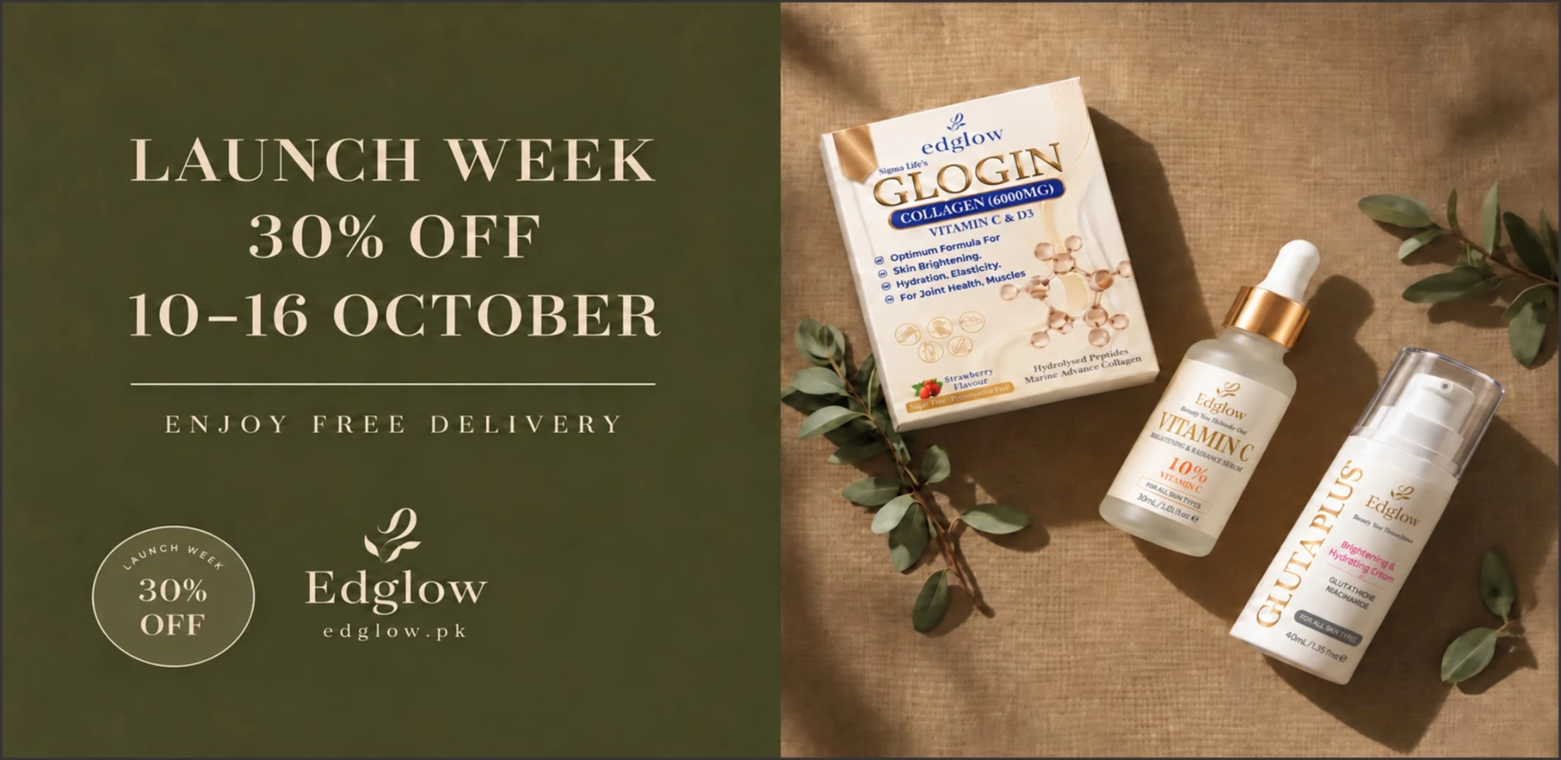 Launch Week: 30% off, 10 to 16 October, with free delivery - Edglow Glogin Collagen, Vitamin C Serum and Gluta Plus